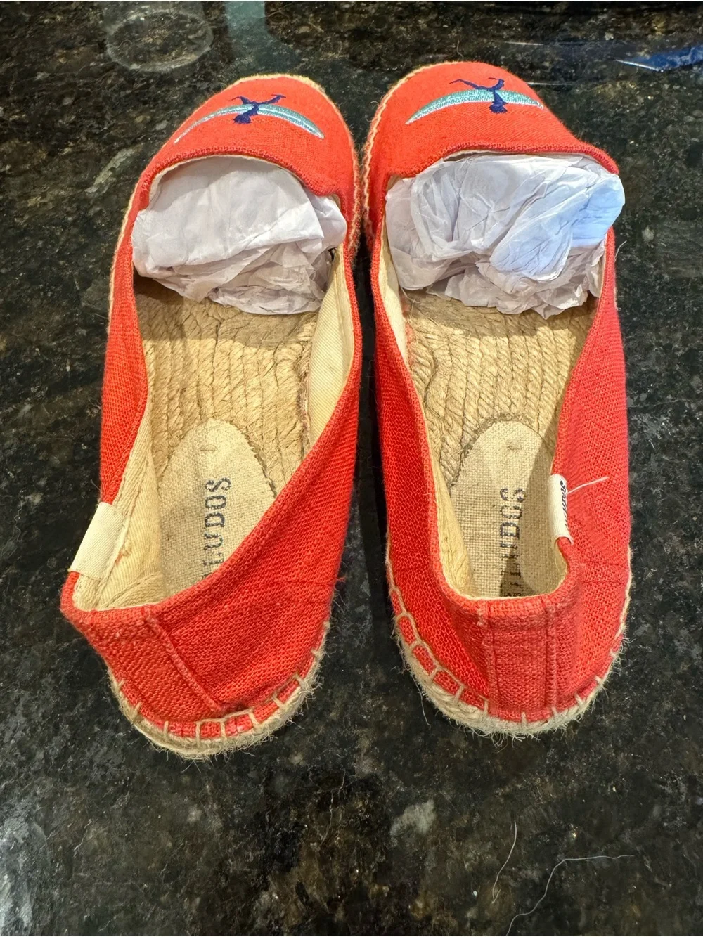 Soludos Red Espadrilles with Blue Surf Embroidery